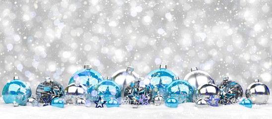 Blue and white christmas baubles 3D rendering