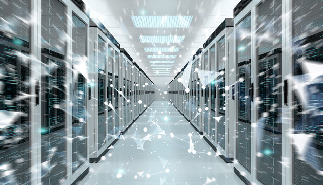 Server room center exchanging cyber datas 3D rendering
