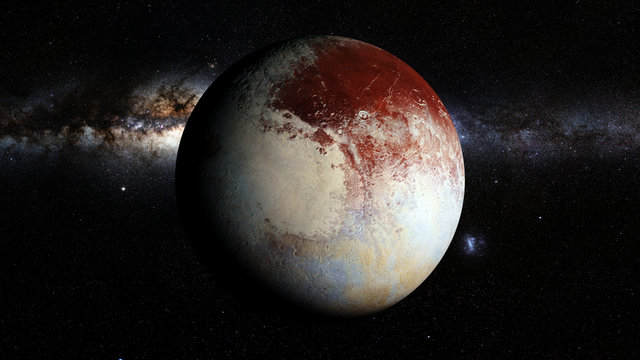 dwarf planet Pluto lit by the stars of the Milky Way galaxy