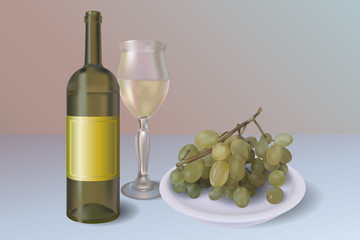 White wine vector background. Wine bottle with glass and plate full of grapes
