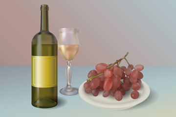Wine vector background. Wine bottle with glass and plate full of red grapes