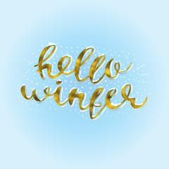 Hello winter Gold glittering elegant modern brush lettering design on a blue background vector Illustration