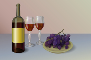 Red wine vector illustration. Wine bottle with two glasses and grapes