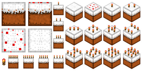 set the cakes in the style of minecraft (2D and 3D with a different number of candles)