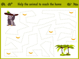 Cartoon illustration of education. Matching game for preschool kids trace the path of the gorillas in the jungle and collect all the bananas. Education and games. Learn handwriting. Vector