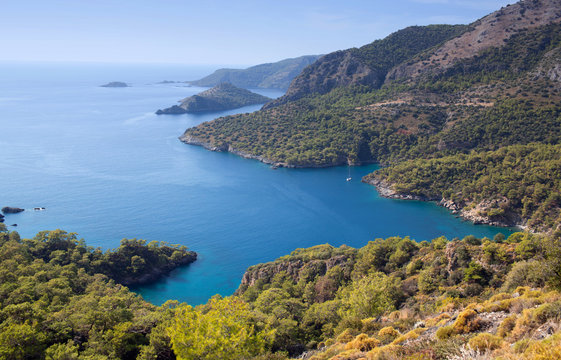 Panorama of beautiful lagoon on Lykian way in Olu Deniz, Turkey