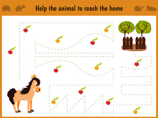 Cartoon illustration of education. Matching game for preschool kids trace the path of the horse to the farm and collect the path of all the apples. Education and games. Learn handwriting. Vector