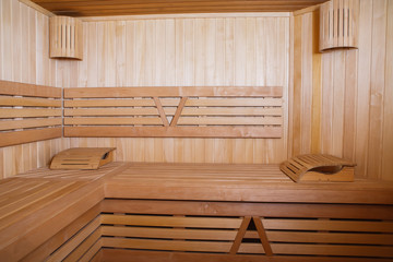 Fototapeta na wymiar Wooden sauna interior and sauna accessories
