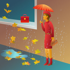 Woman shopping vector illustration. Girl under umbrella want to buy a bag