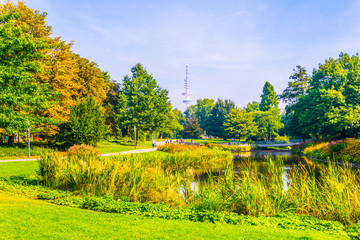 Heinirch Herz tower above Planten un Bloomen old botanical garden in Hamburg, Germany.