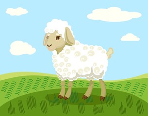 Obraz na płótnie Canvas Painted white lamb on a green field. Vector illustration.