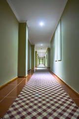Long corridor in a hotel in green tones