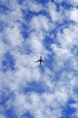 Overhead photo of a jet airliner passing