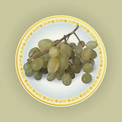 Bunch of white grapes on plate vector illustration