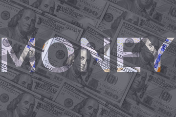 Money word on hundreds dollars of USA background
