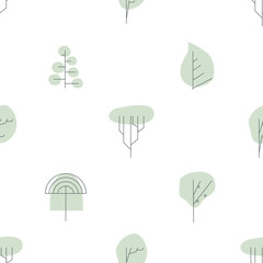 Seamless background with mint color with simple shapes of trees and bushes. Vector