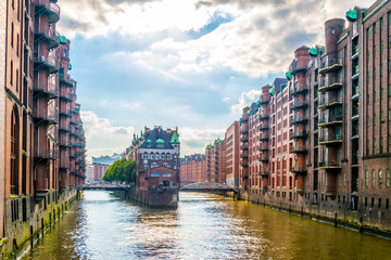 View of the famous water castle in the Speicherstadt warehouse district in Hamburg, Germany.