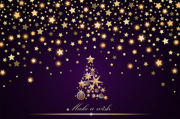 New Year and Christmas card design: gold Christmas Tree made of stars and snowflakes with abstract shining falling stars on violet ambient background. Vector illustration