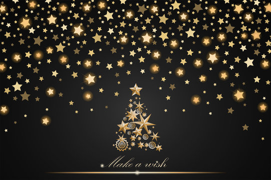 New Year and Christmas card design: gold Christmas Tree made of stars and snowflakes with abstract shining falling stars on black ambient background. Vector illustration