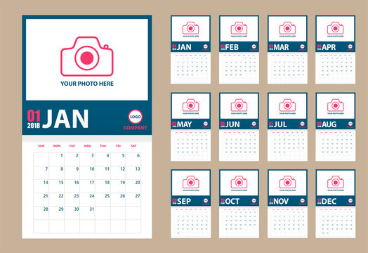 2018 photo calendar isolated. Blue and pink. Event planner. All size. Vector illustration