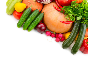 Large collection of useful vegetables and fruits isolated on white