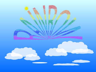 The decorative colored text Rainbow on a blue cloudy sky. Vector illustration