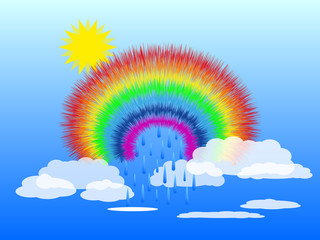 Vector color rainbow on a blue cloudy sky