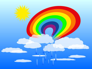 Vector color rainbow on a blue cloudy sky