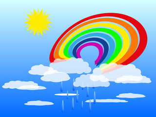 Vector color rainbow on a blue cloudy sky