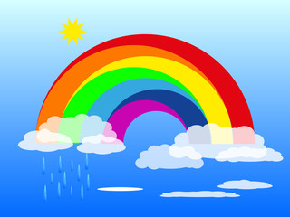 Vector color rainbow on a blue cloudy sky