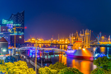 Nachtansicht des Hamburger Hafens mit der Elbphilharmonie, Deutschland. © dudlajzov