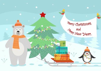 Greeting card for Christmas animals, Christmas tree and gifts. In the style of children cartoons.