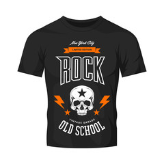 Vintage rock vector logo isolated on dark t-shirt mock up.