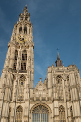 Fototapeta na wymiar Tower of the Cathedral of Our Lady (Onze-Lieve-Vrouwekathedraal) in Antwerp, Belgium