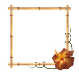 Realistic bamboo frame with hibiscus flower.