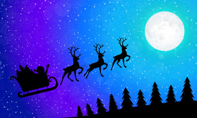 Winter landscape with Santa Claus, reindeer and christmas trees. Vector.