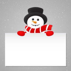 Christmas card with happy Snowman on background with snowflakes and copyspace. Vector.
