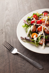 
Green spinach salad with chopped red and orange tomato, black beans, shredded cheese, avocado, and salsa on a white plate vertical shot
