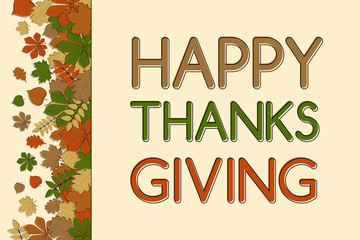 Happy Thanksgiving Day - card with autumnal leaves and greetings. Vector.