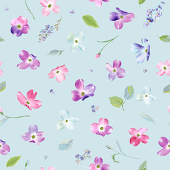 Spring Flowers Seamless Pattern. Watercolor Floral Background for Wedding Invitation, Fabric, Wallpaper, Print. Botanical Hand Drawn Texture. Vector illustration