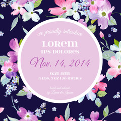 Floral Invitation Greeting Card Template with Dogwood Flowers. Springtime Watercolor Botanical Design. Wedding or Baby Shower Decoration. Vector illustration