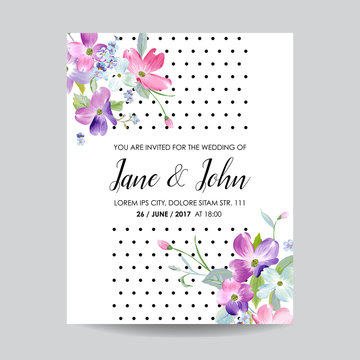 Save the Date Wedding Invitation Template with Spring Dogwood Flowers. Romantic Floral Greeting Card for Celebration. Watercolor Botanical Design. Vector illustration