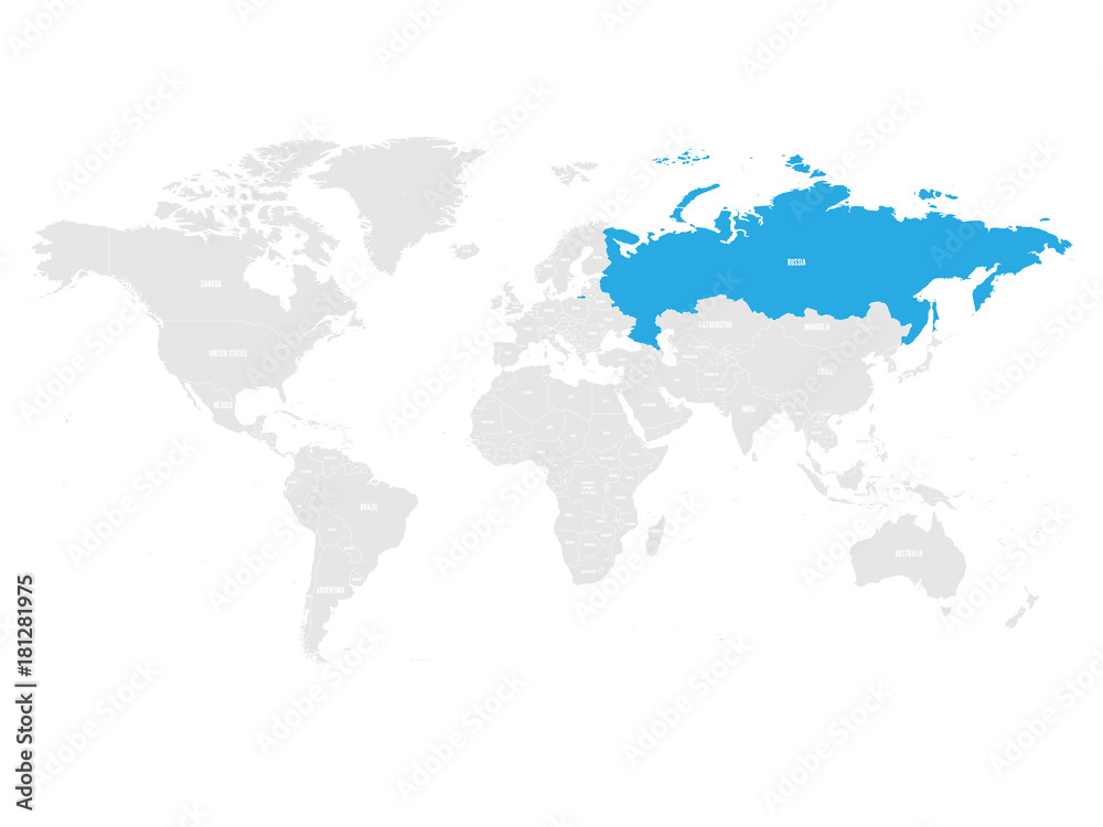 Sticker Russia marked by blue in grey World political map. Vector illustration.