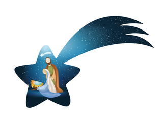 Christmas star -  comet nativity scene with holy family on blue background