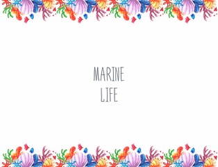 Beautiful watercolor border with seaweed and corals on white background