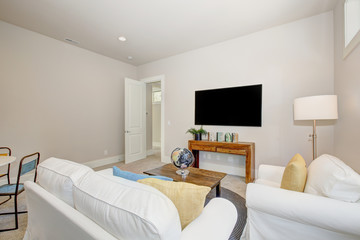 Fototapeta na wymiar Nice family room with pure white sofas