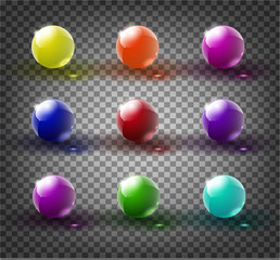 Set of glass balls on a transparent background. Isolated objects. Multi-colored glass balls. Vector illustration