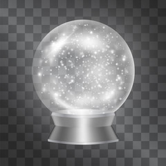 Vector magical crystal sphere, glass winter globe full of sparkles and snowflakes for winter, Christmas mood. Glowing ball, classic present, gift to keep memories. Glossy mystical prediction artefact.