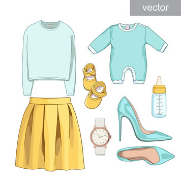 Vector. Lady fashion set of spring season outfit. Illustration stylish and trendy clothing. Dress, bag, accessories, sunglasses, high heel shoes.