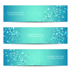 Set of abstract banner design, dna molecule structure background. Geometric graphics and connected lines with dots. Scientific and technological concept, vector illustration